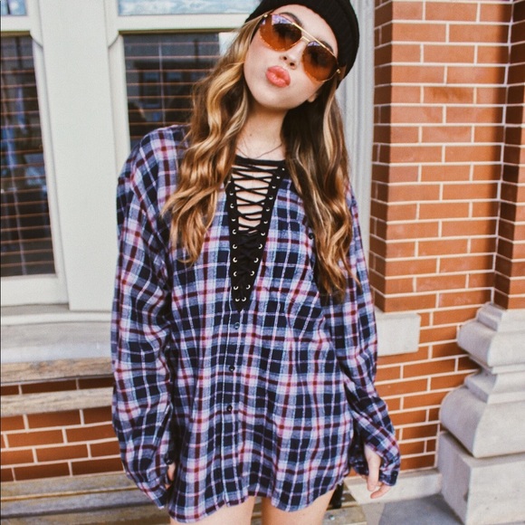 LF Tops - LF Furst Of A Kind Oversized Lace Flannel OS